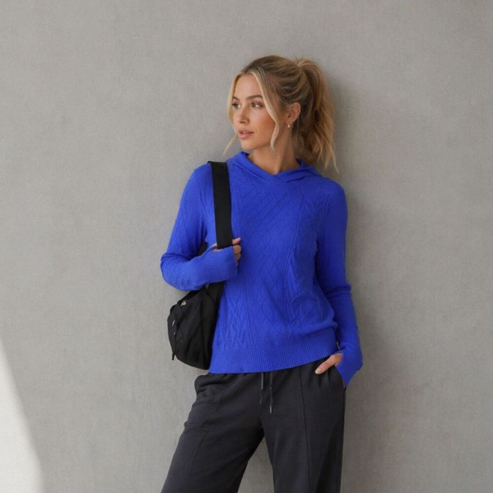 Lululemon Rest Less Hoodie Size 8 Blazer Blue Cable Knit Lightweight Sweater